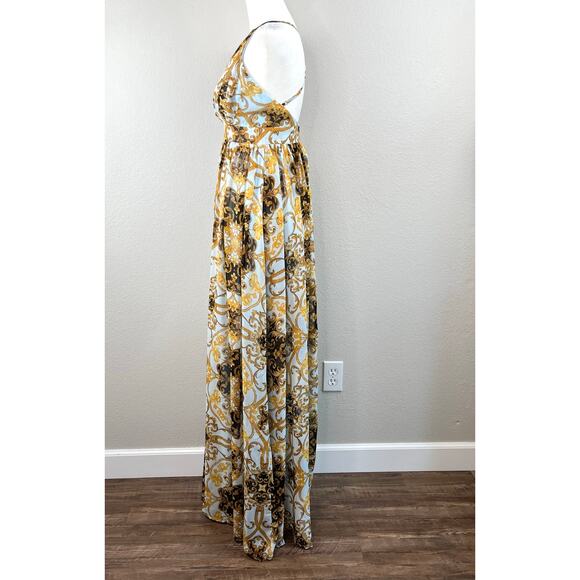 Powder Blue Gold Chiffon Baroque Sleeveless Open Back V-Neck Maxi Dress SM New - Picture 9 of 15